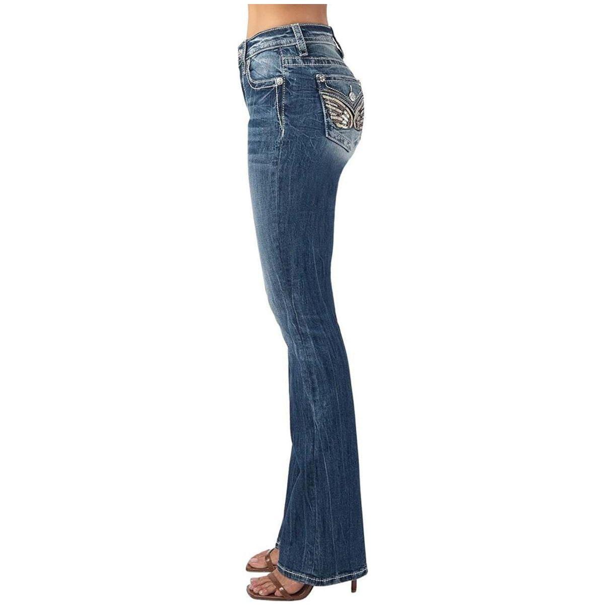 * MISS ME Women's Mid Rise Gold Trim Angel Wing Bootcut Medium Blue Jeans M3080B36