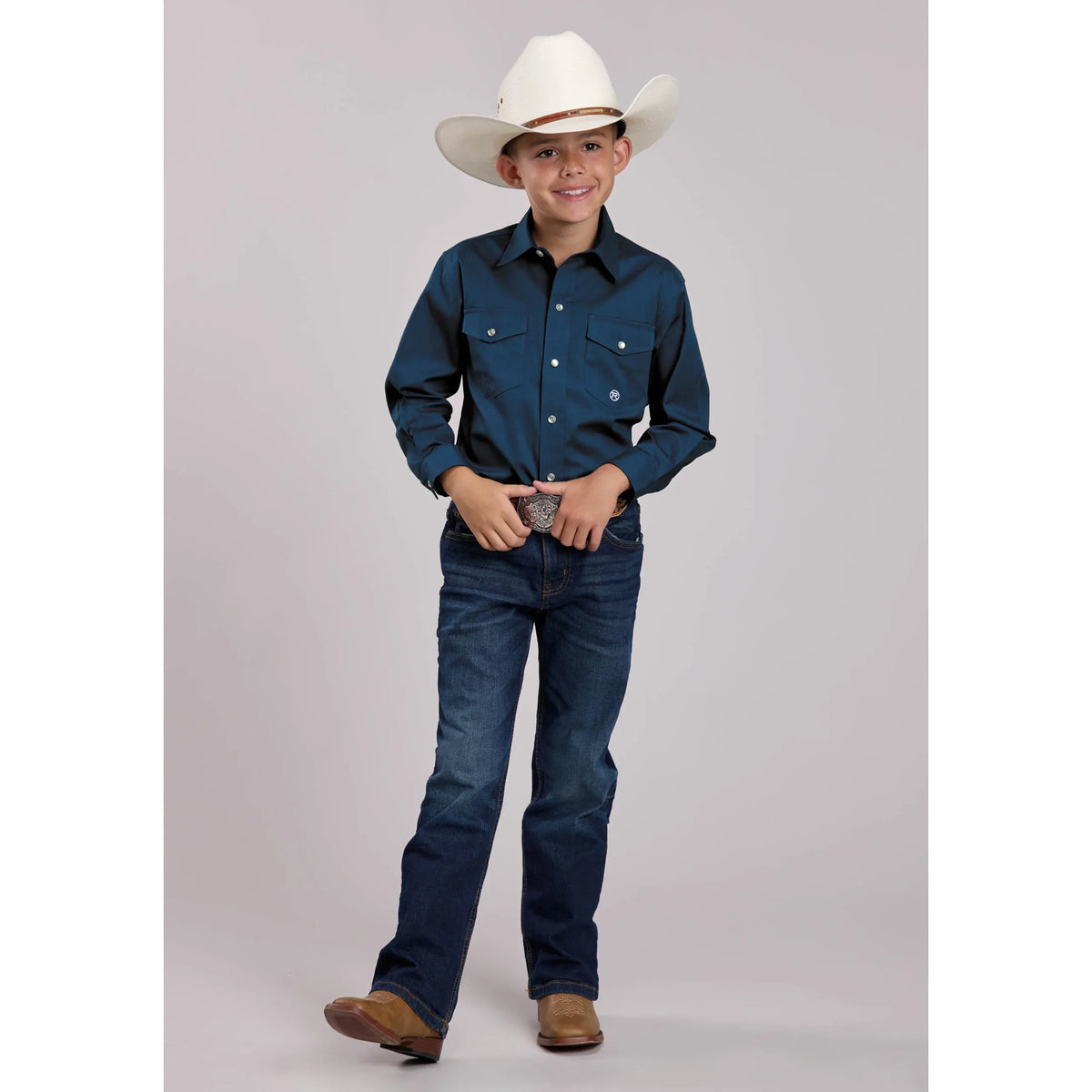 Boys Roper Solid Stretch Poplin Navy Long Sleeve Snap Shirt Regular 03-030-0265-4102 BU