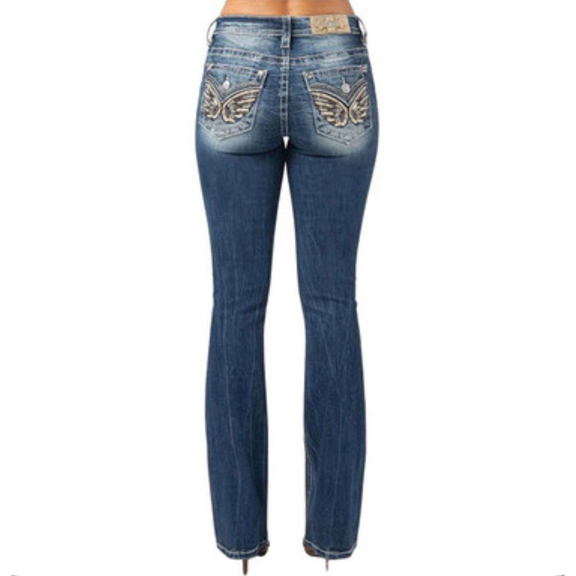 * MISS ME Women's Mid Rise Gold Trim Angel Wing Bootcut Medium Blue Jeans M3080B36