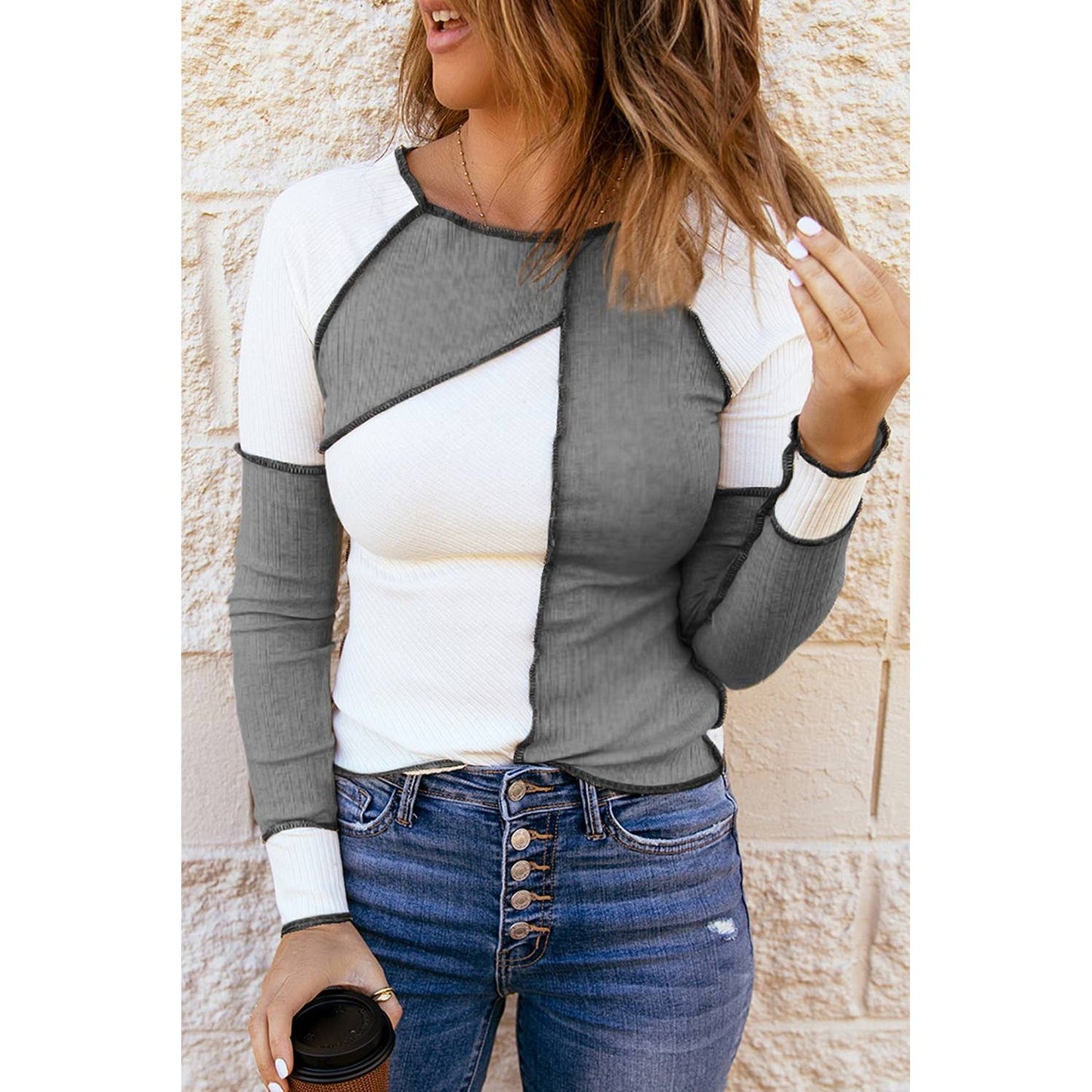 Irregular Color Block Seaming Trim Rib Knit Top
