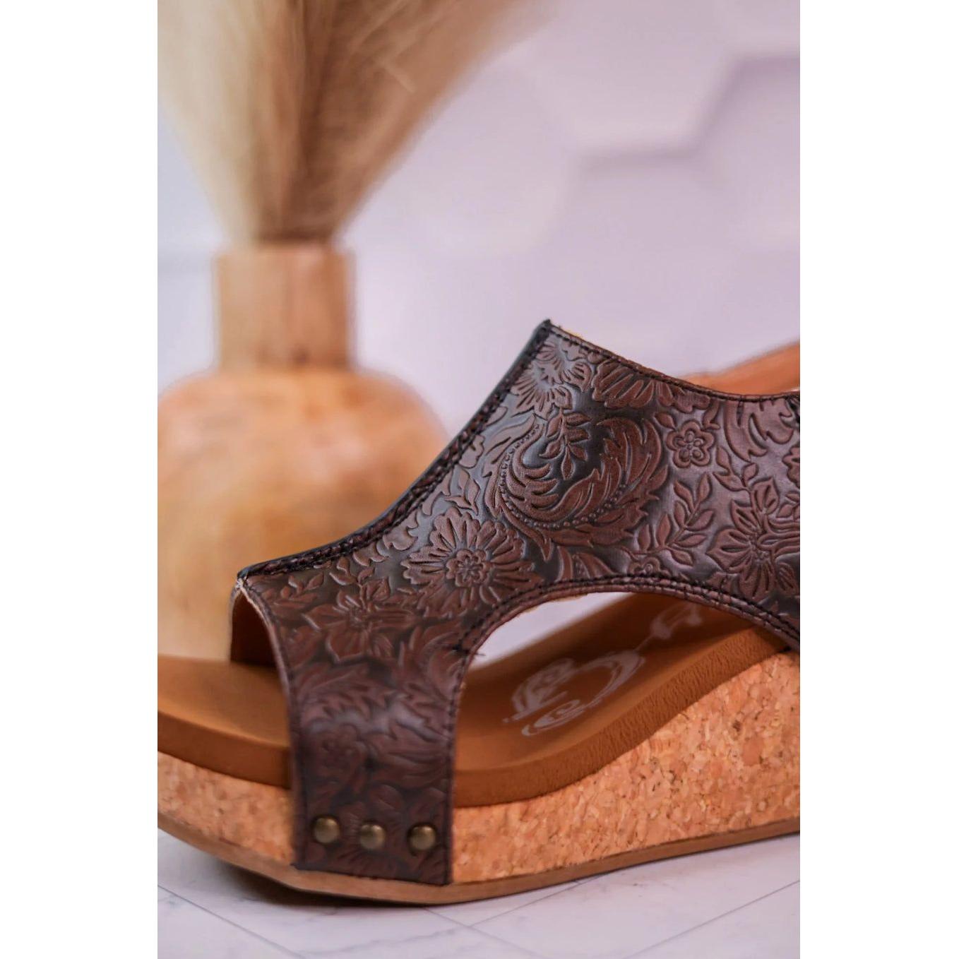 Isabella Tooled Chocolate Wedge Sandal