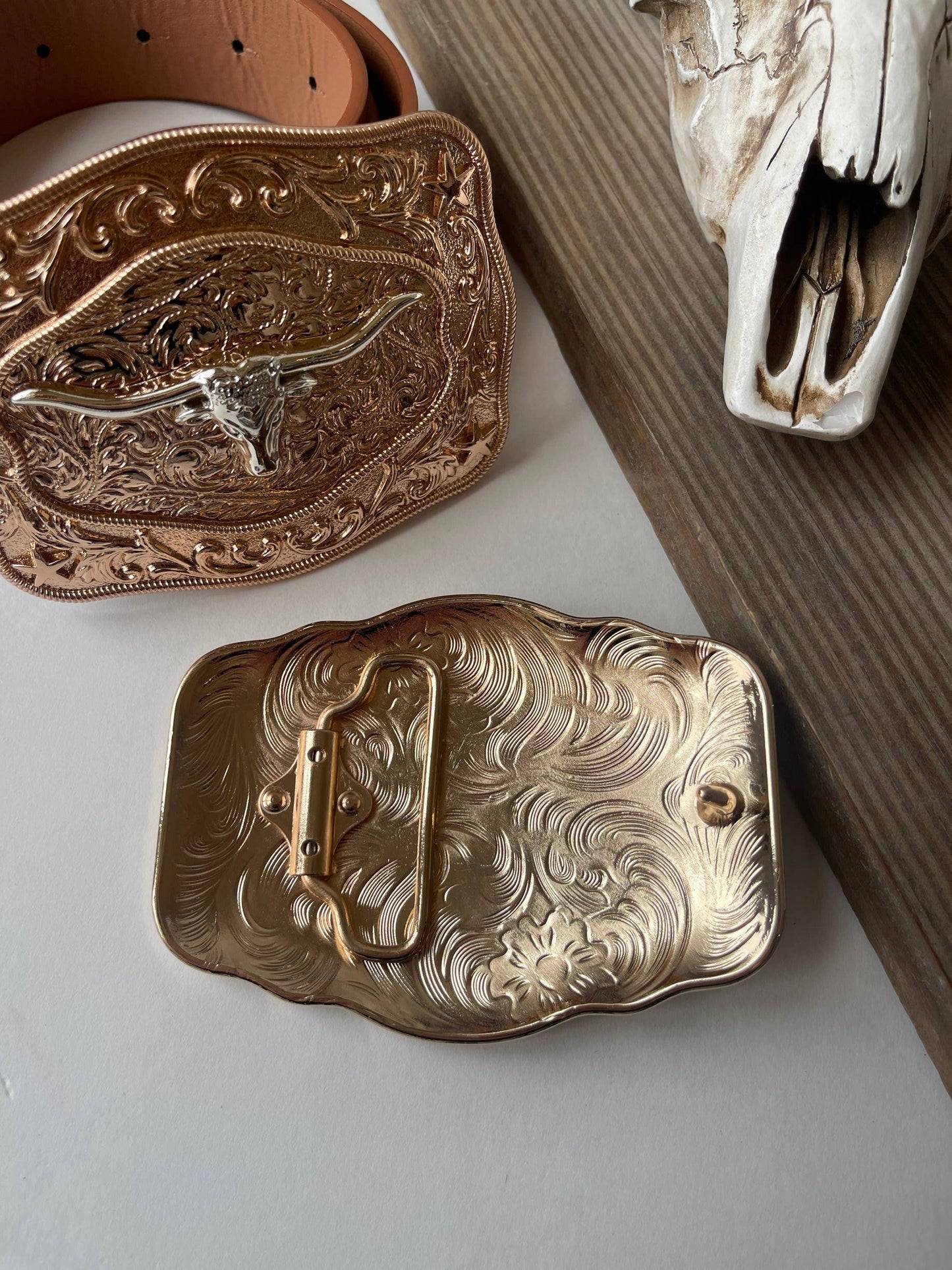 Western Longhorn Belt Buckle Silver - Rose Gold - Gold