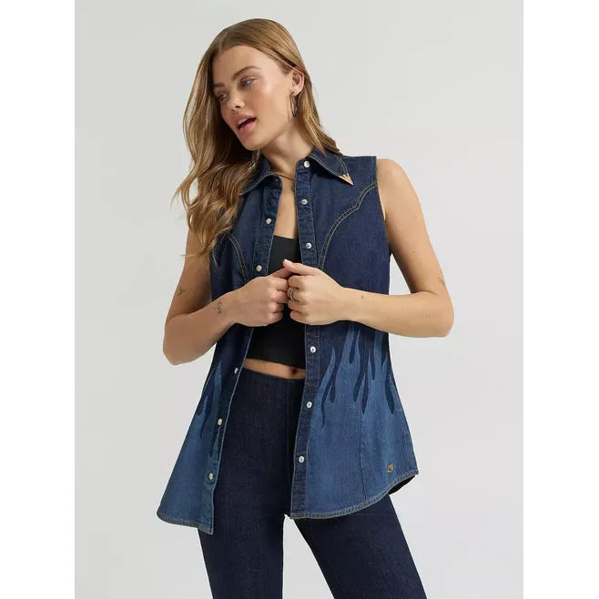 Wrangler X Lainey Wilson Women's Dark Denim Flame Accent Pearl Snap Western Sleeveless Shirt 112380460