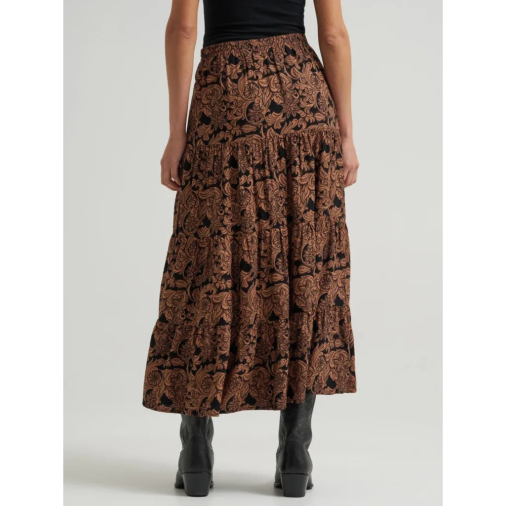 Wrangler Black with Brown Paisley Print Women's Tiered Maxi Skirt 112382513