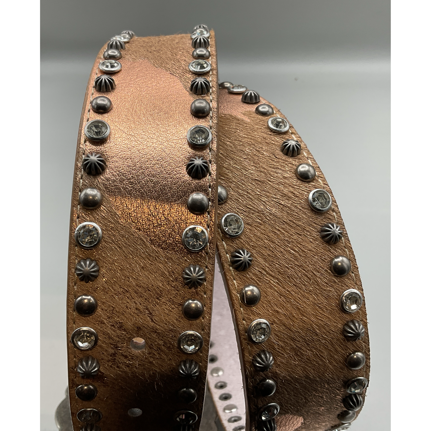 BHW Ladies- BELT 1.5” Copper Color hide w/ metallic copper and studs/ rhinestones 515