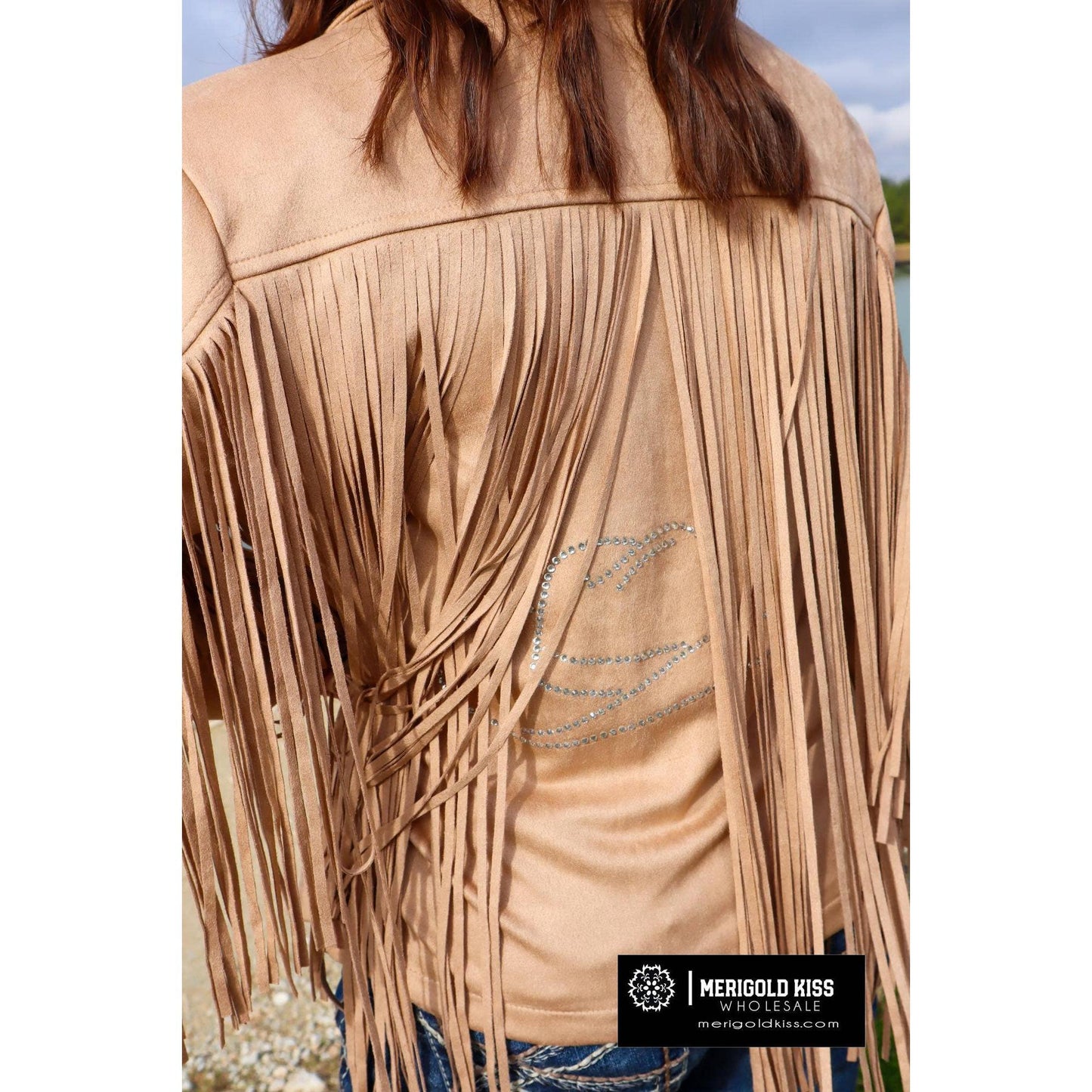 Merigold Kiss - MK208 Deluxe Rhinestone Fringe Vegan Suede Jacket -Taupe