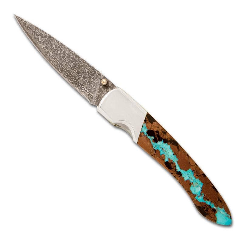 Vein Turquoise Damascus 4" Liner Lock Knife - Double