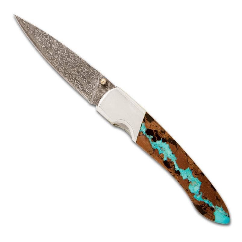Vein Turquoise Damascus 4" Liner Lock Knife - Double