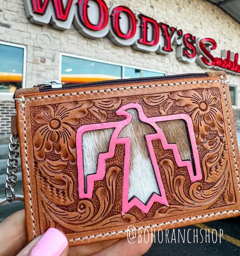 TAN Cowhide Leather Keychain Wallet Longhorn Thunderbird