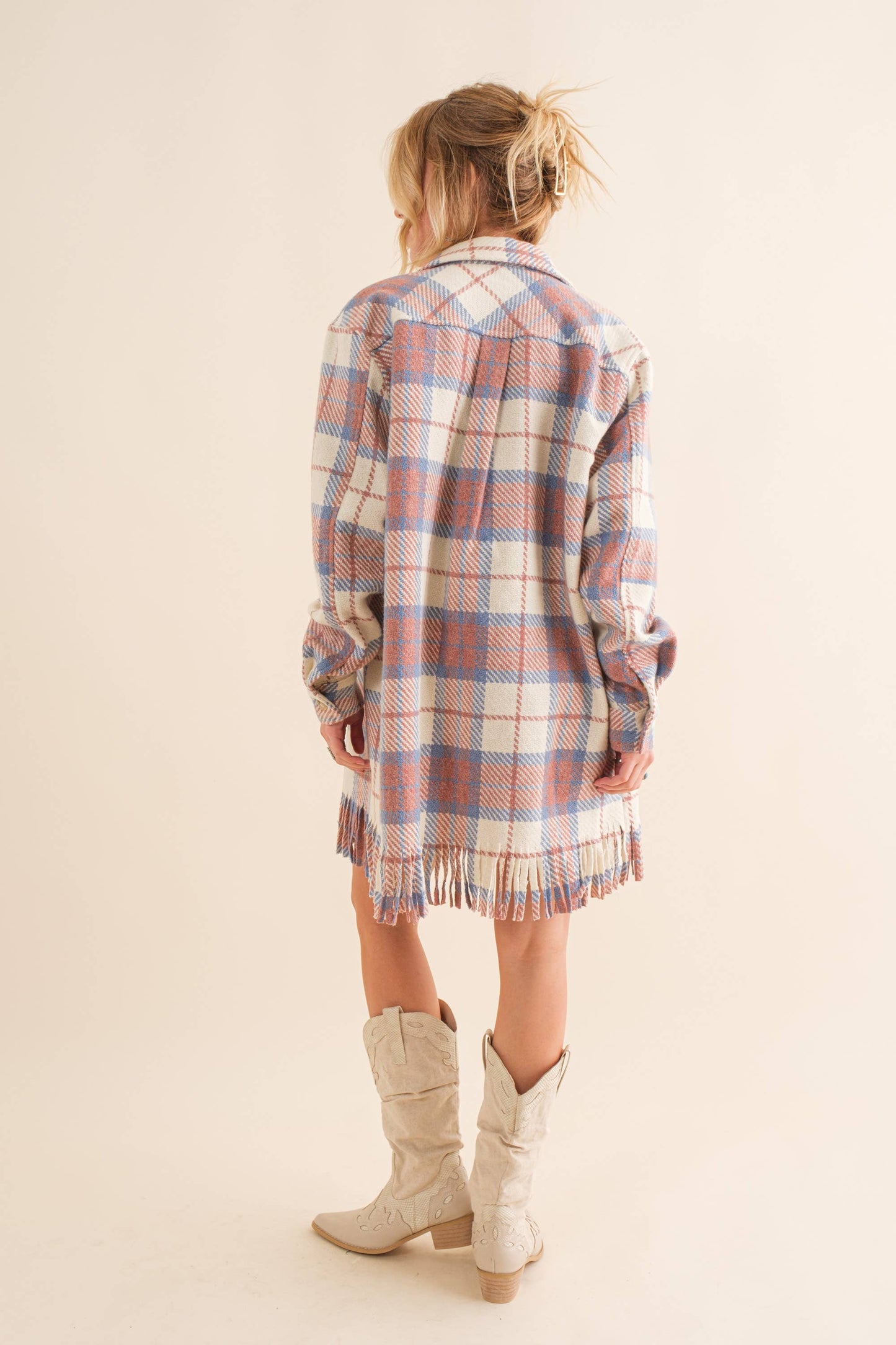 34197J - Yarn Dyed Fringe Bottom Button Up Long Shirt Jacket