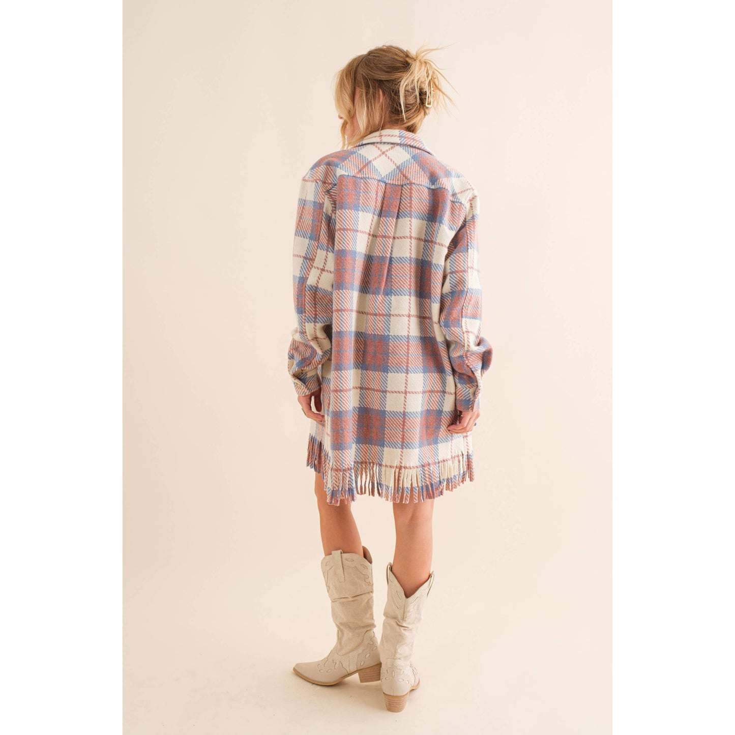 34197J - Yarn Dyed Fringe Bottom Button Up Long Shirt Jacket