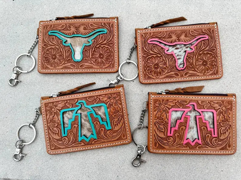 TAN Cowhide Leather Keychain Wallet Longhorn Thunderbird