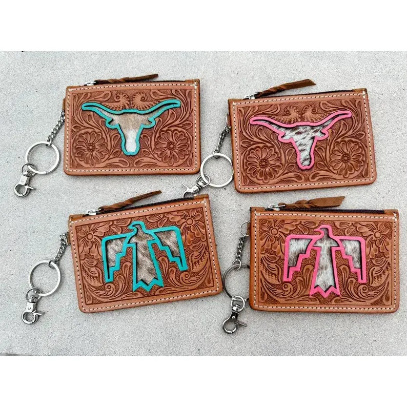 TAN Cowhide Leather Keychain Wallet Longhorn Thunderbird