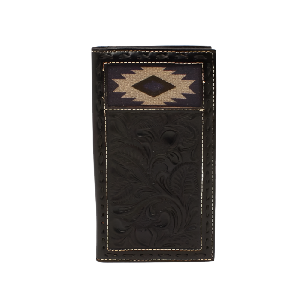 Nocona Men’s Checkbook Cover/Rodeo Wallet, Black, Floral Tooled, Navaho Inlay N500041001