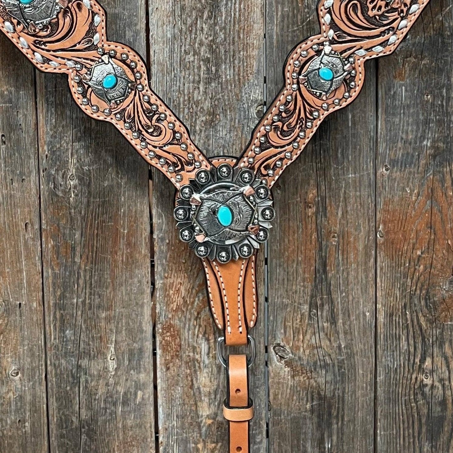 Rodeo Drive - Silver Buck stitch with Turquoise Browband / One Ear / Breast collar TACK SET #BBBC478