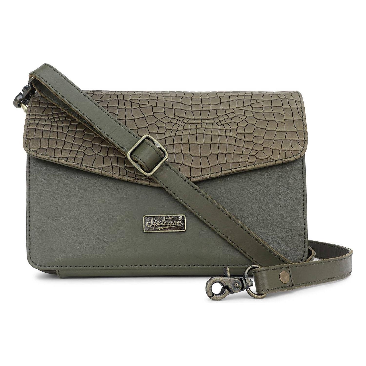 Sixtease Bags - Leather Womens Clutch Bag - Olive Croco Print