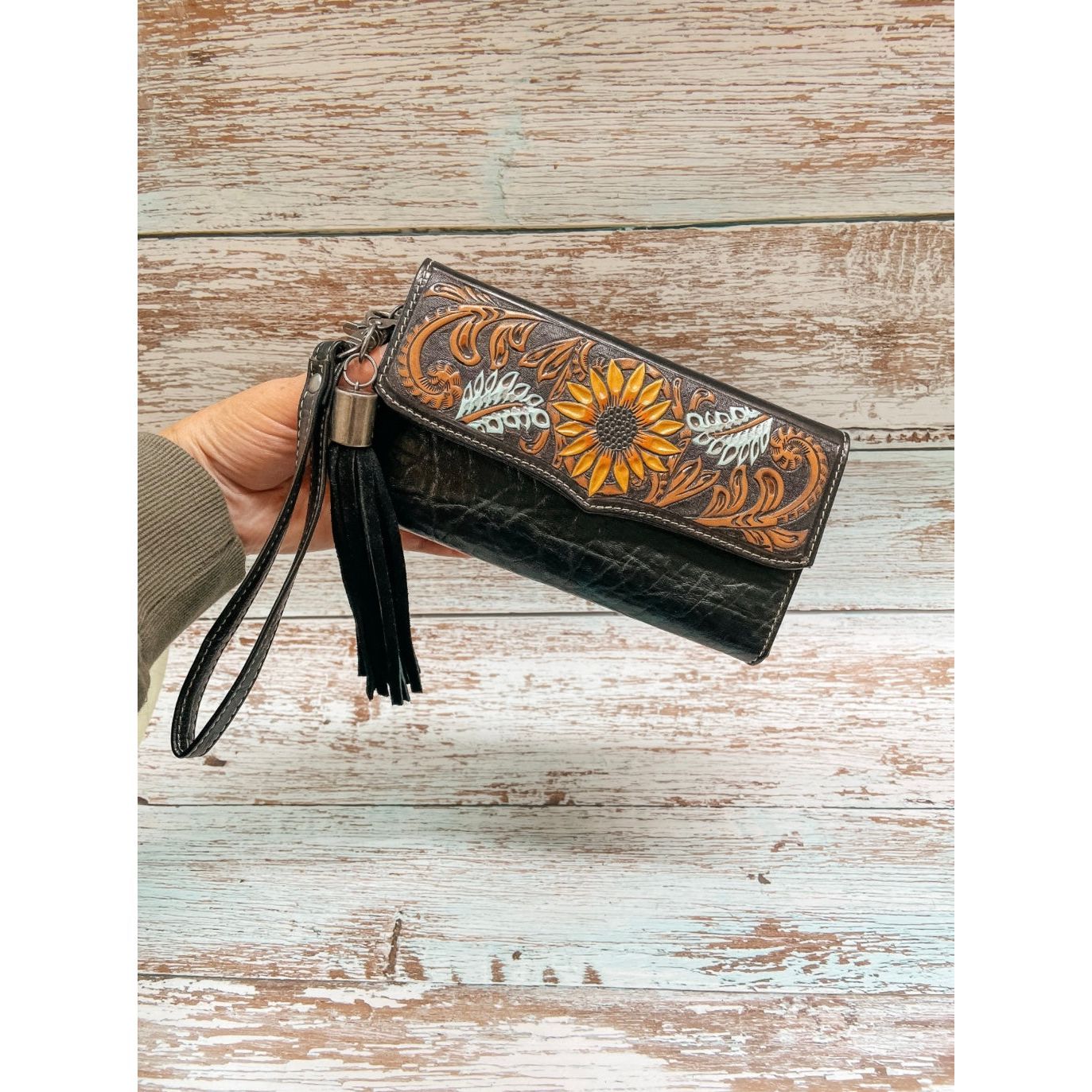 Nocona Black Leather Sunflower Purse