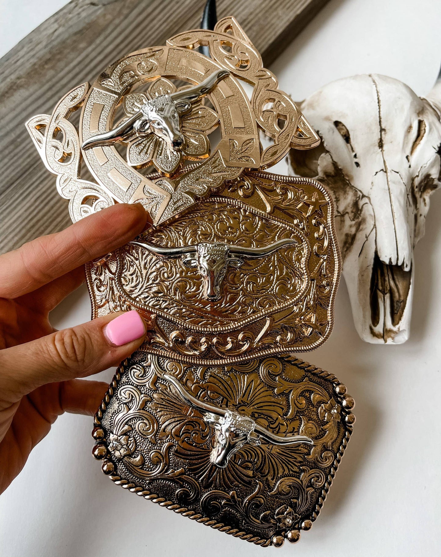 Western Longhorn Belt Buckle Silver - Rose Gold - Gold