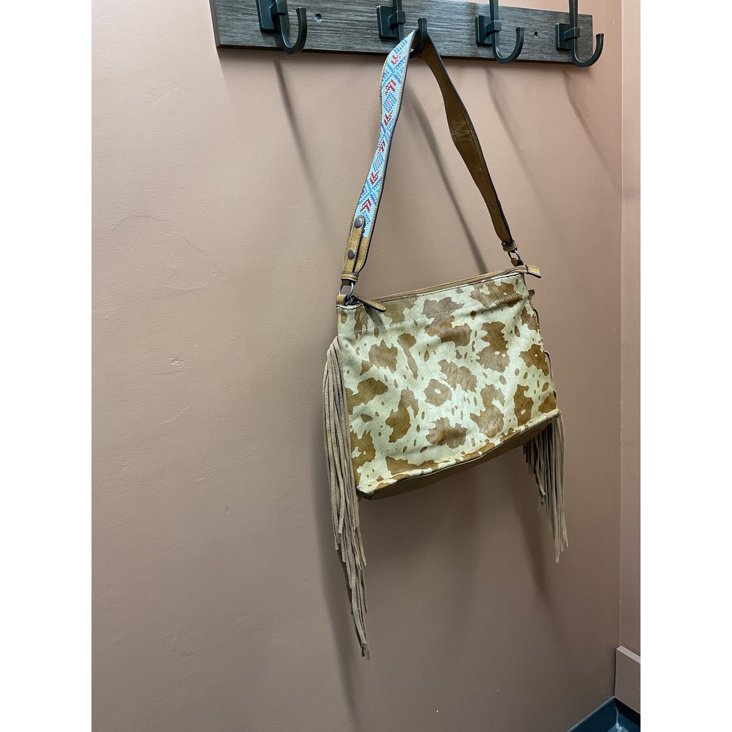 Nocona Purse - Calf Hide, Cow Print, Fringe, Beaded Strap