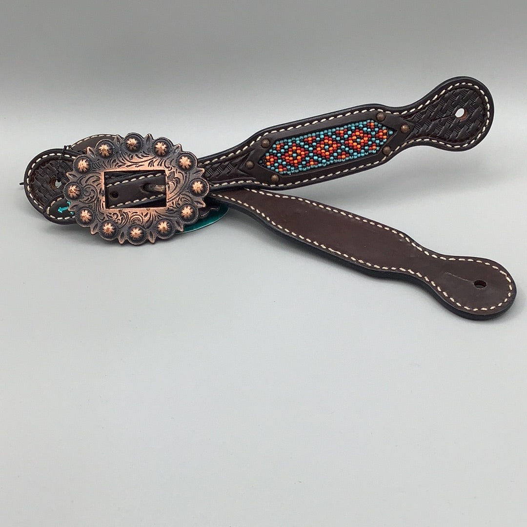 Turquoise Cross Spur Straps - Beaded Basketweave Spur Str