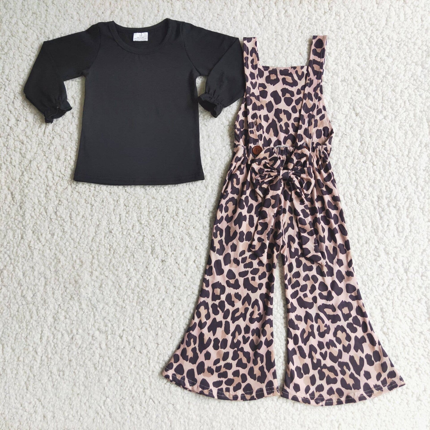 Black Shirt Leopard Print Overalls Girls Clothing