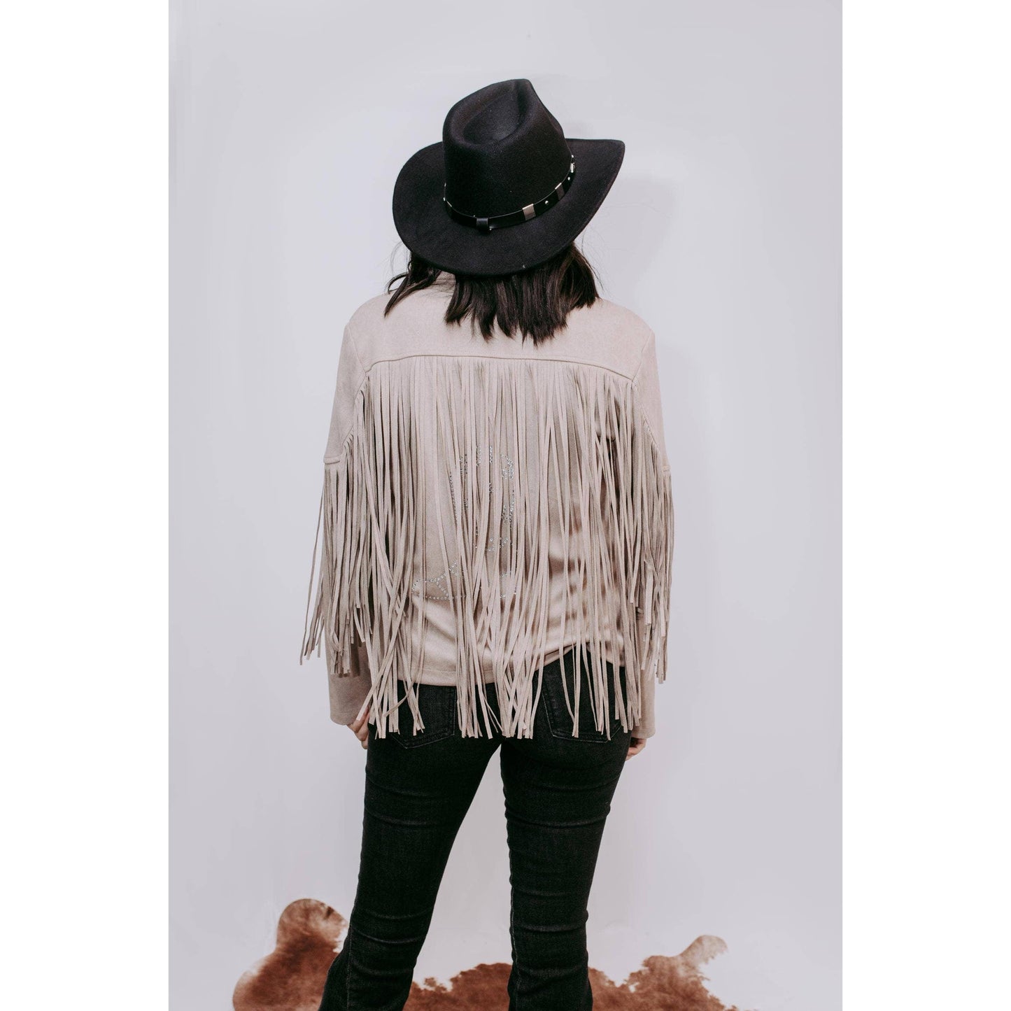 Merigold Kiss - MK208 Deluxe Rhinestone Fringe Vegan Suede Jacket -Taupe