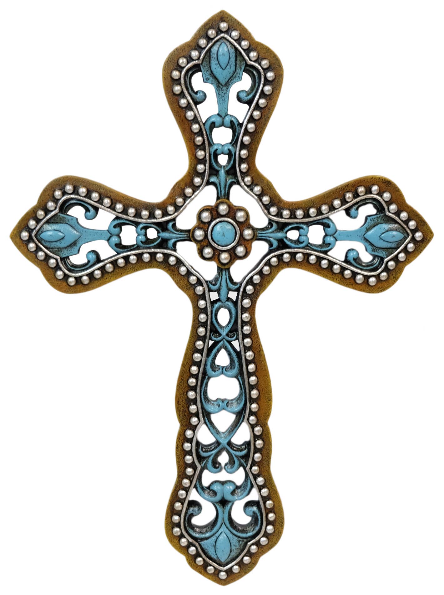 Ornate Turquoise Chain Link Cross Bead Accent Cross Décor