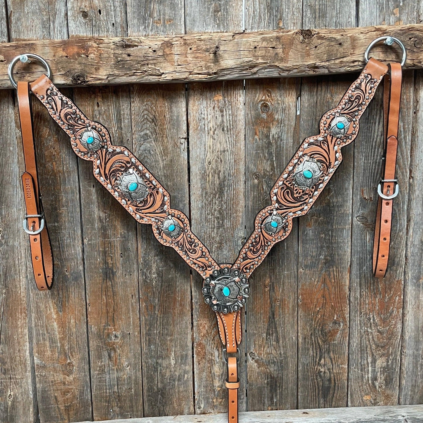 Rodeo Drive - Silver Buck stitch with Turquoise Browband / One Ear / Breast collar TACK SET #BBBC478