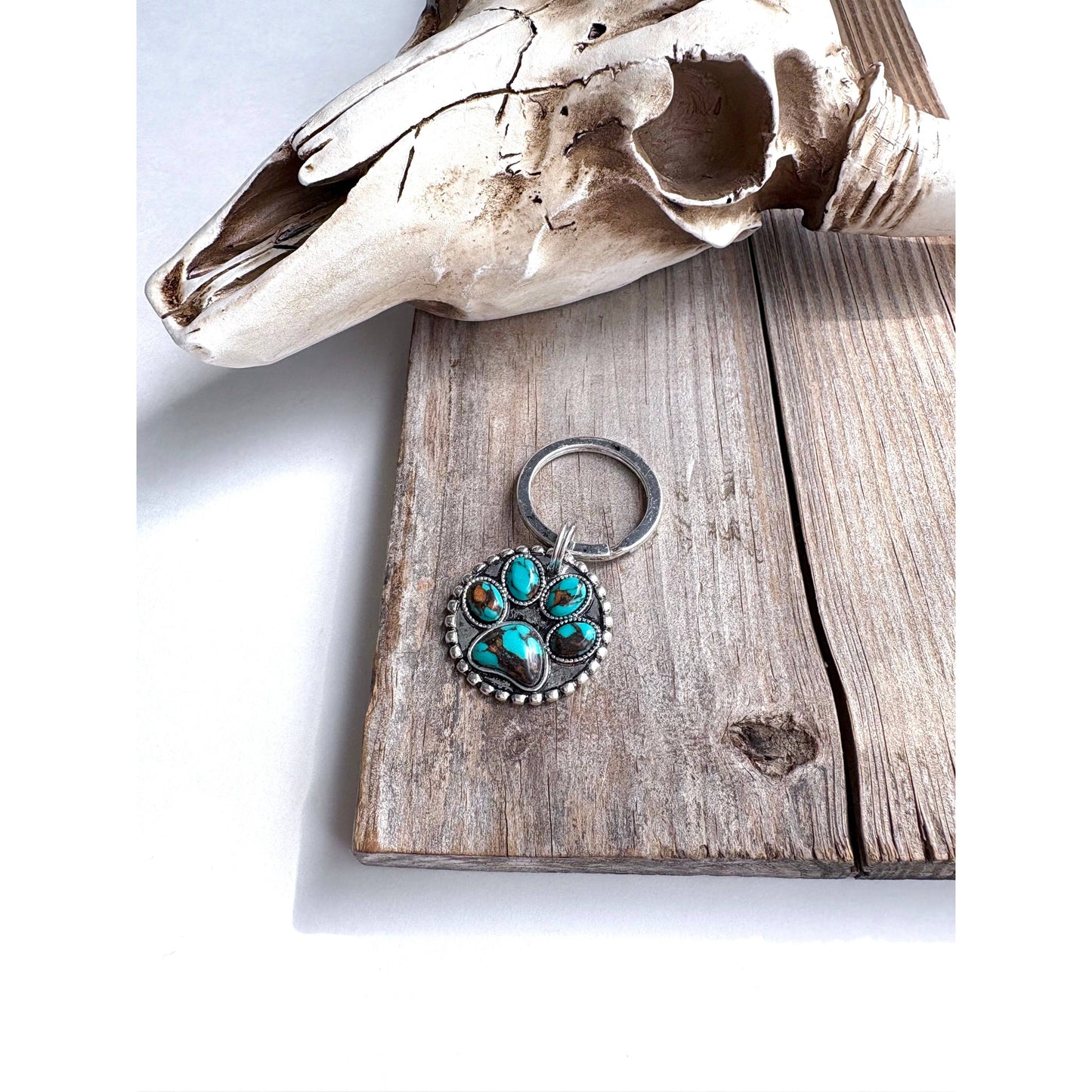 Dog Paw Stone Round Metal Pendant Keychain