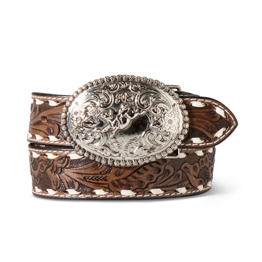 Ariat Boy's Brown Leather Belt with Floral Hand Tooling and Shiny Silver Buckle with Beaded Edge A1307802