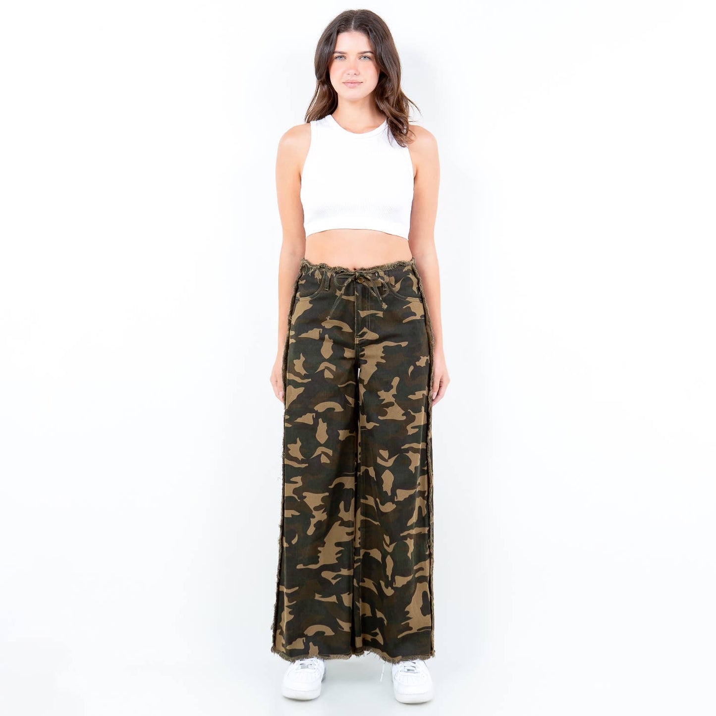 American Bazi - CAMOUFLAGE FRAYED EDGE WIDE LEG PANTS-RJH30775CM