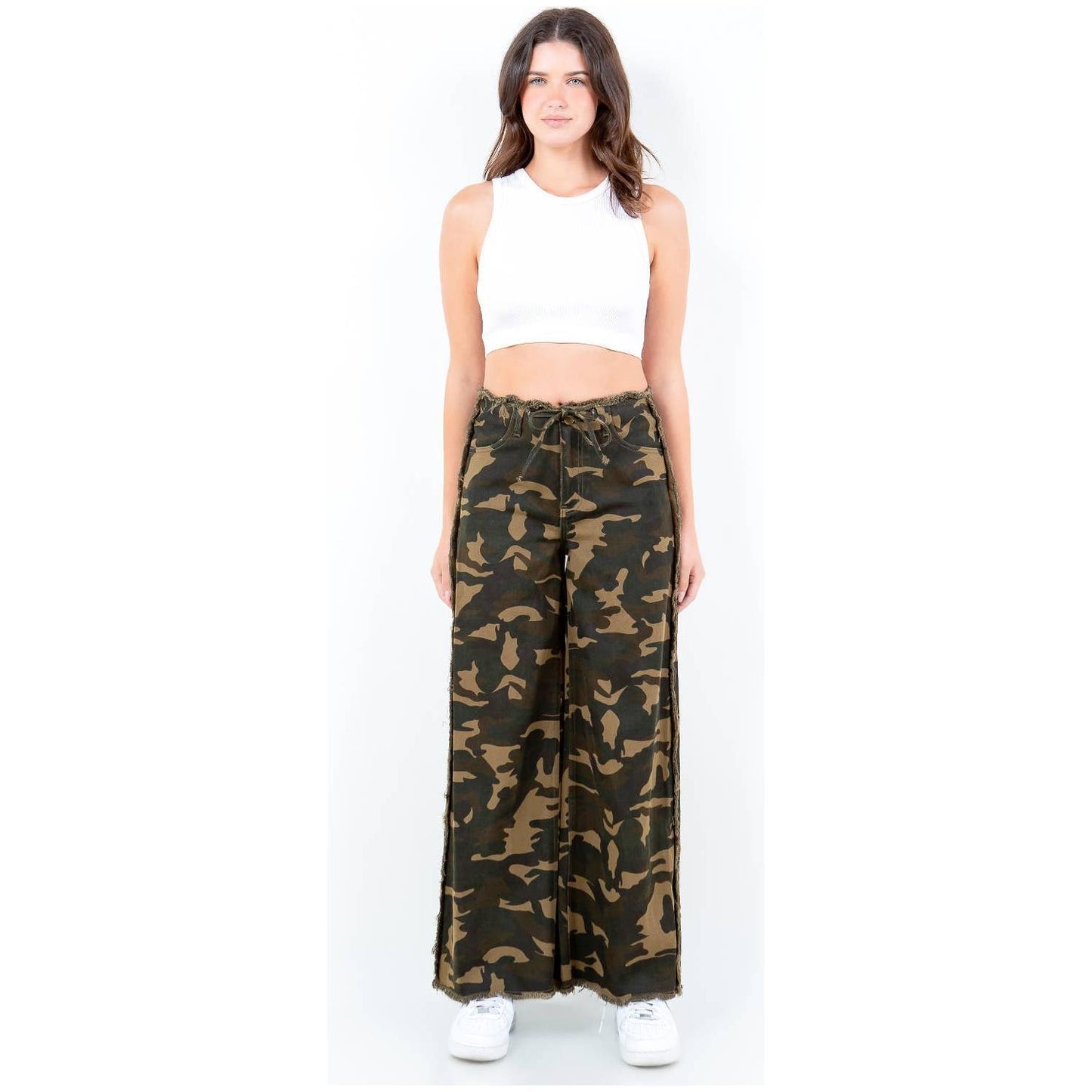 * American Bazi - CAMOUFLAGE FRAYED EDGE WIDE LEG PANTS-RJH30775CM