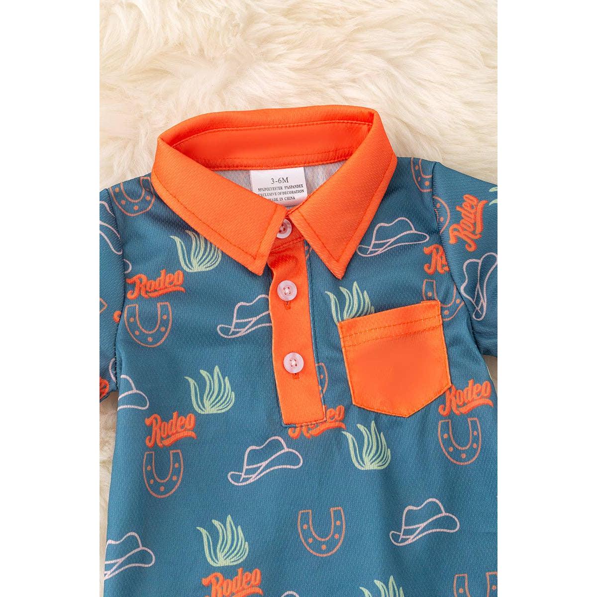Kids Charm Online - Rodeo blue and orange trim cactus printed baby romper. RPB50271 AMY
