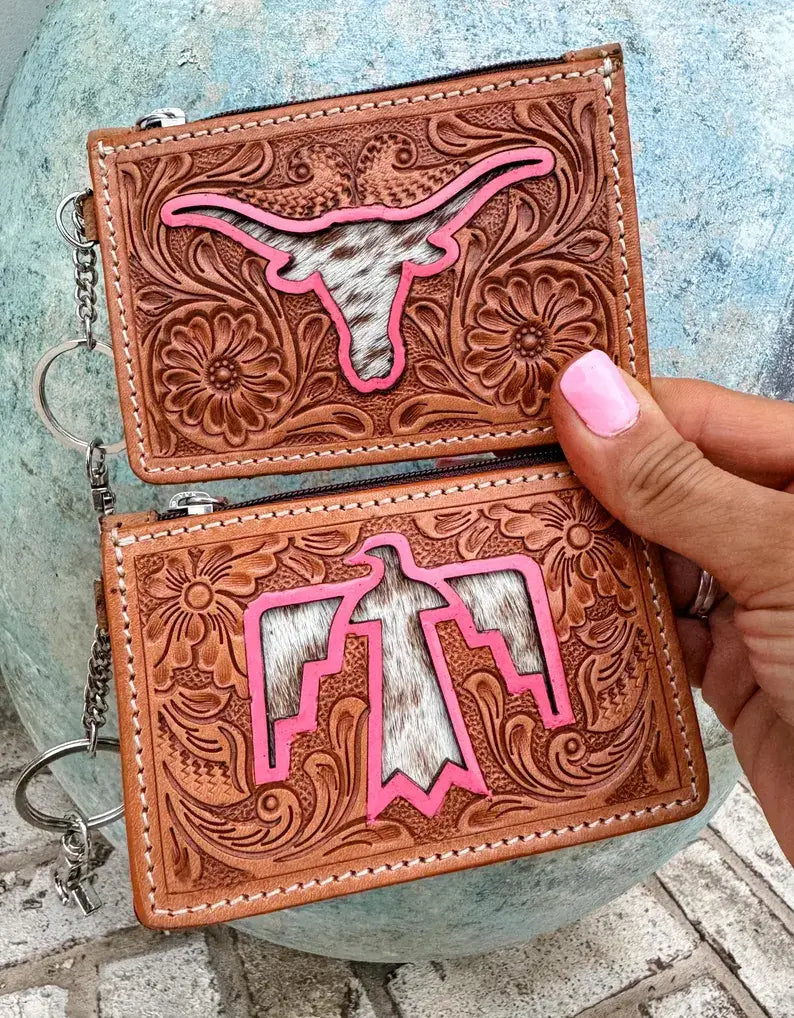 TAN Cowhide Leather Keychain Wallet Longhorn Thunderbird