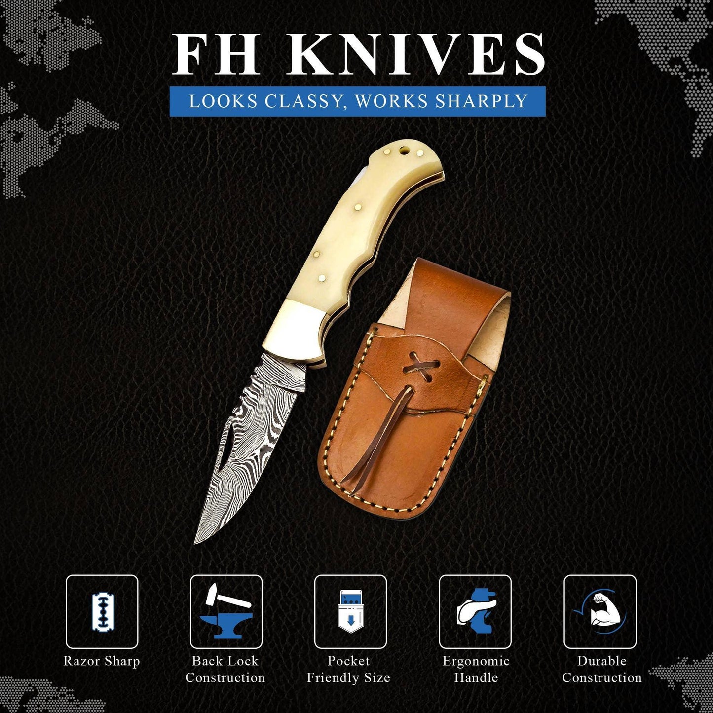 FH KNIVES - 6.5' Handmade damascus folding knife, Pocket Knife