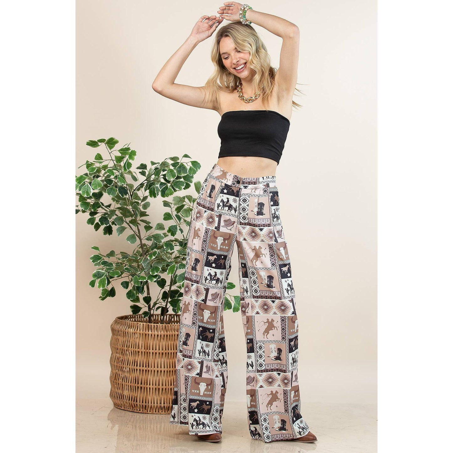 Nylon Apparel - P1261-6274-Nora Western Patch Collage Print Slack Pants