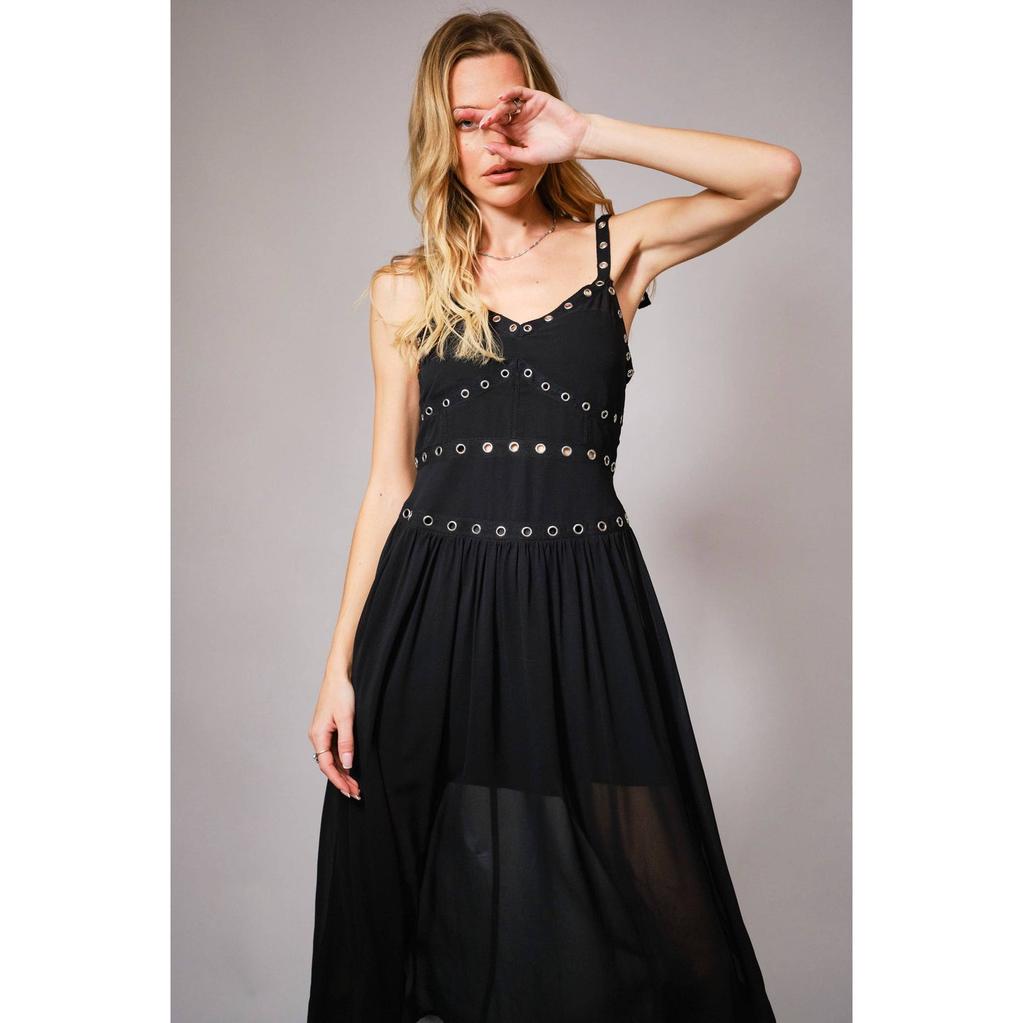 23369D - Chiffon Grommet Eyelet Trim Detailing Midi Dress
