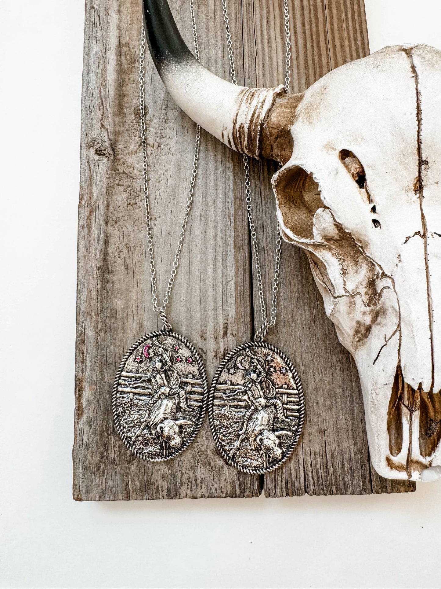Western Cowboy Bull Riding Pendant Necklace