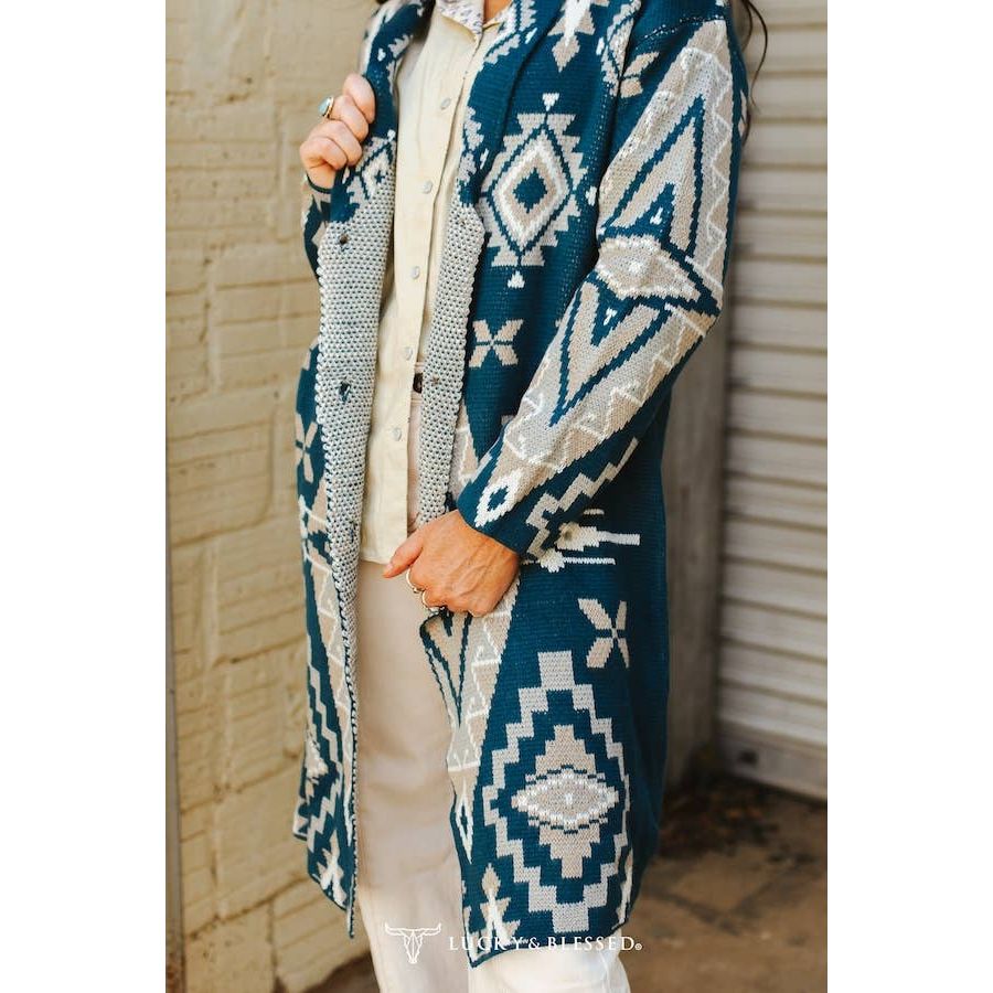 Teal Ivory Aztec Knitted Button Down Cardigan Sweater