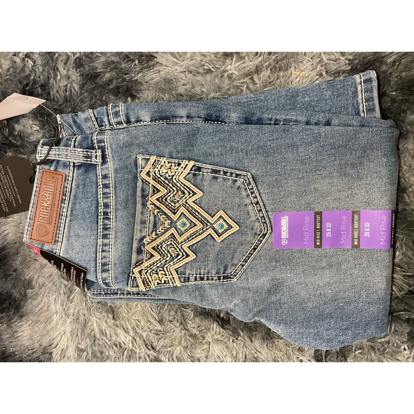 * Rock & Roll Denim Ladies Jean - Aztec Pocket, Mid Rise, Med Wash, Bootcut BW4MD06378