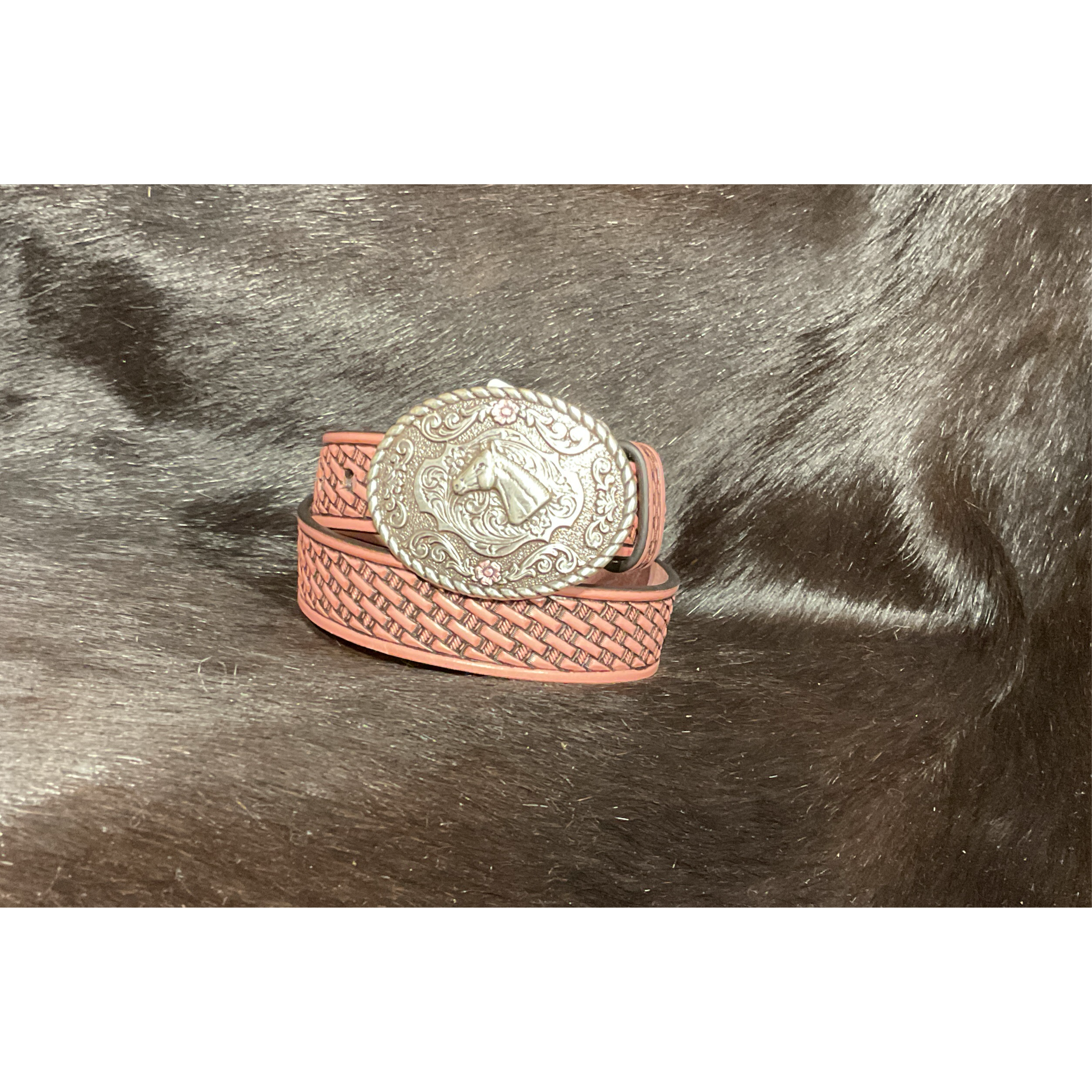 Nocona Baby Buckle - Infant Girls Belt - 3/4" Pink Basketweave, Horse Head Buckle