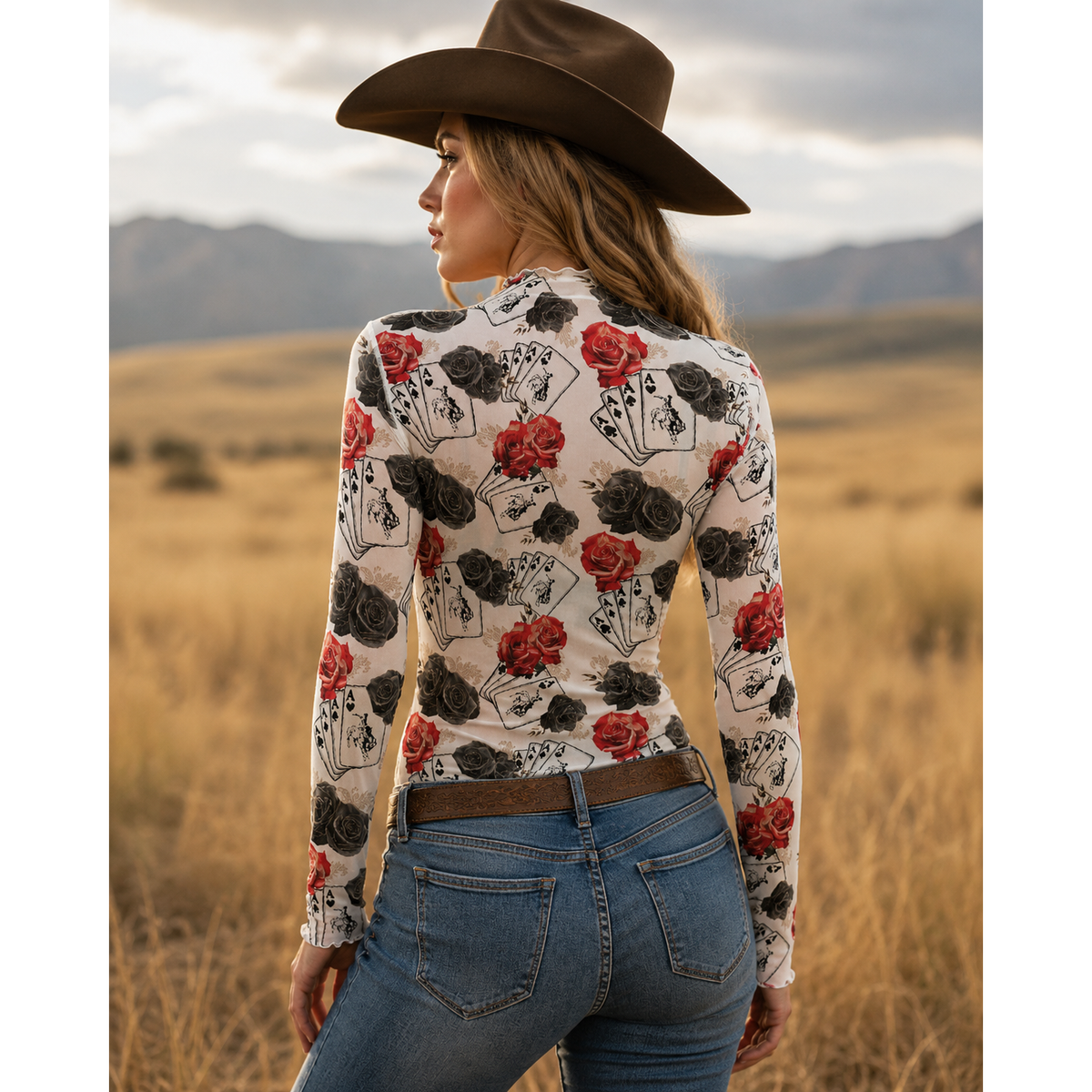 Ace Of Roses Long Sleeve Mesh Top