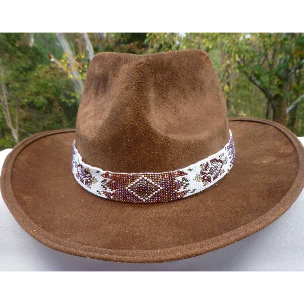 Brown White Seed Beaded Cowboy Turtle Unisex Handmade Hatband