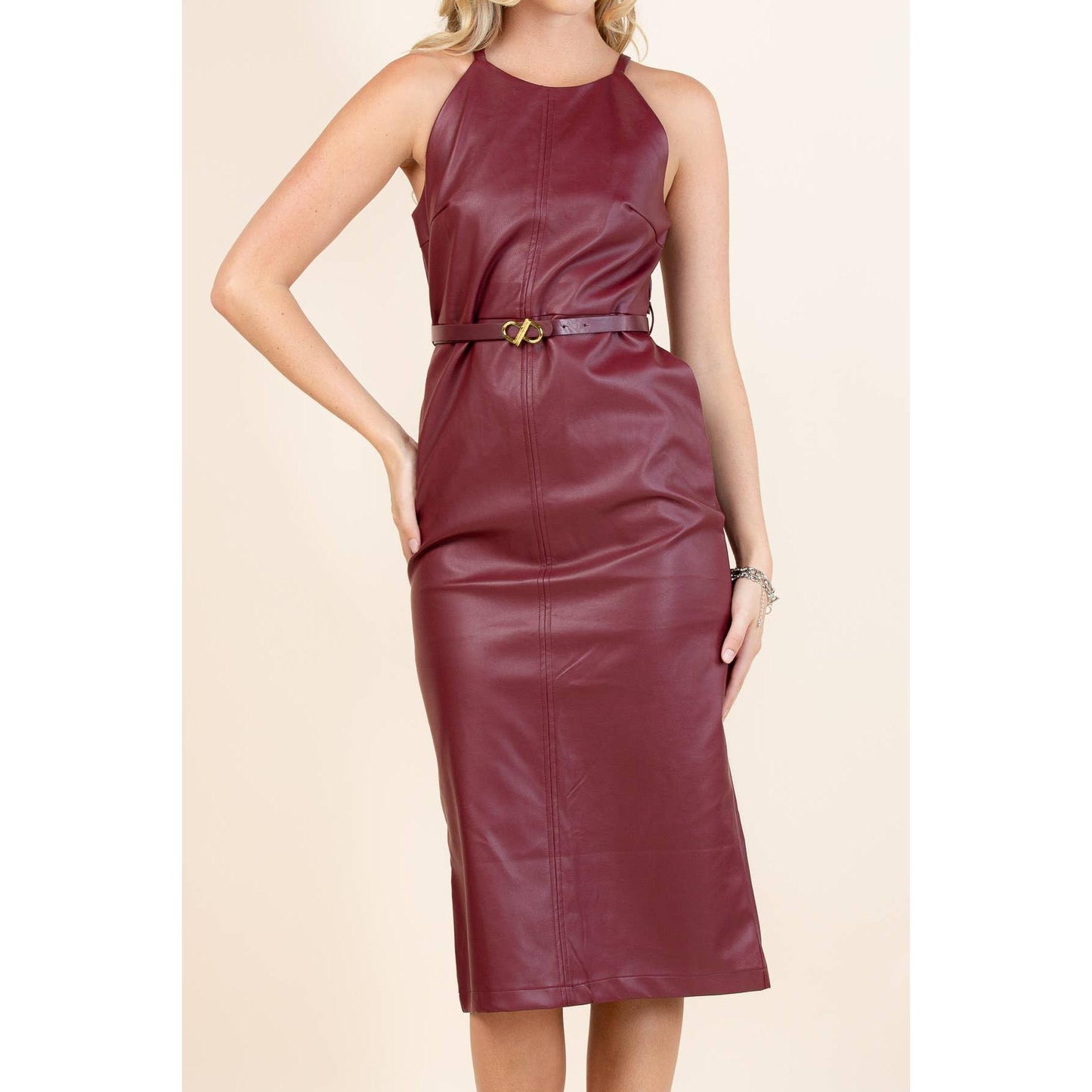 Nylon Apparel - 81555-Silvana Faux Leather Belt Midi Dress