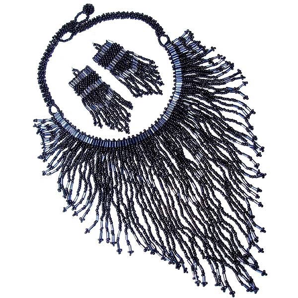Handmade Beaded Black Bugle Seed Bead Bib Necklace