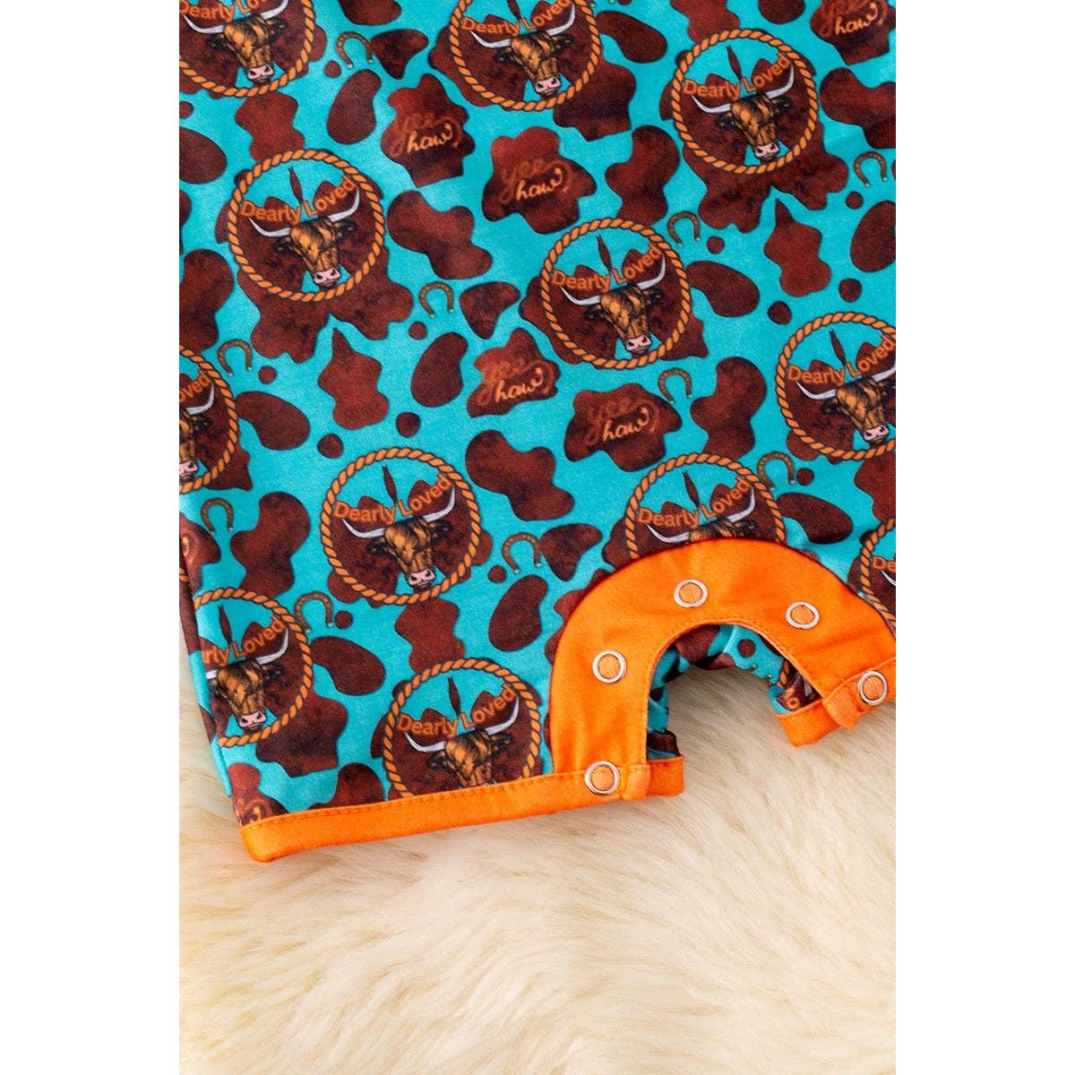 Kids Charm Online - "Dearly Loved" Highland cow printed boys baby romper with snaps. RPB50273 SOL