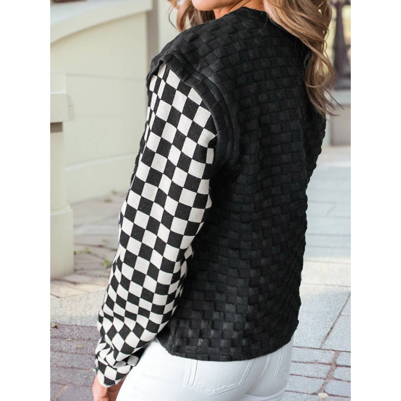 Plaid Textured Contrast Checkered Patchwork Long Sleeve Top