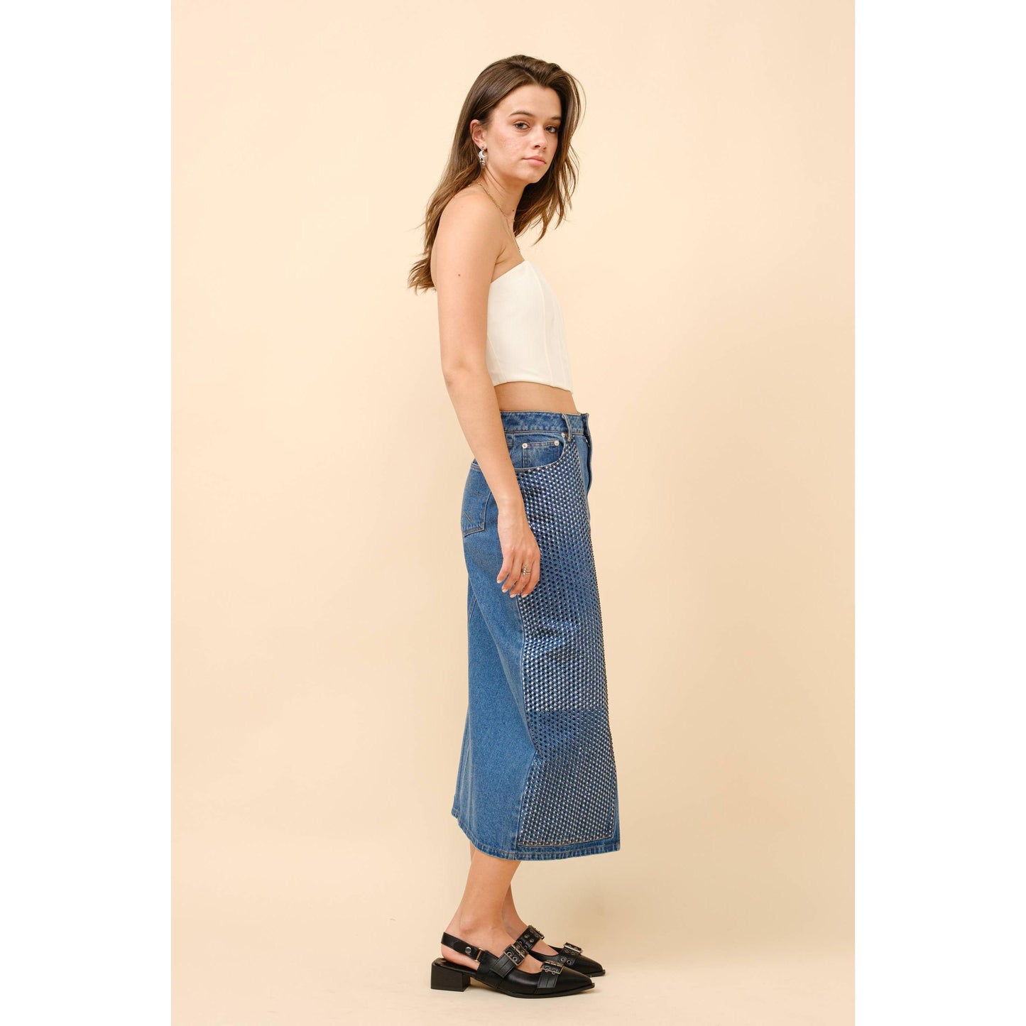 Blue B - 23052S - Embellished Stone Slit Midi Denim Skirt