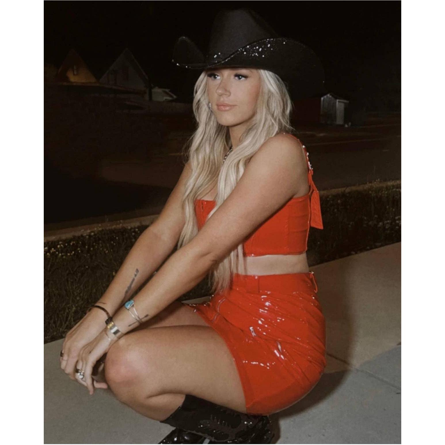 Rhinestone Cowgirl - "Blacked Out" square style hat- underneath brim only