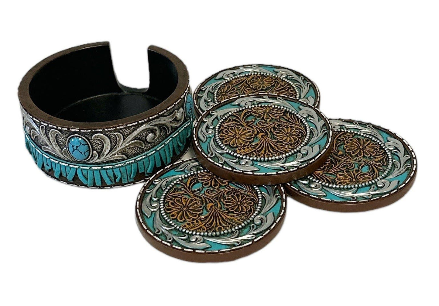 BLUE BROWN TOOLED LEATHER WITH BLUE TASSEL COASTERS